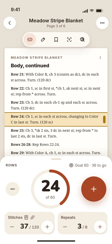 RowMinder workspace: a pattern page with the row ruler on Row 24 and a row counter below